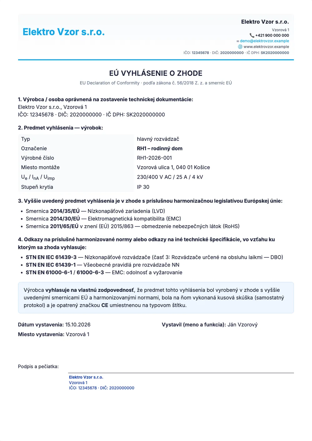 EÚ vyhlásenie o zhode rozvádzača RH1 s uvedenými smernicami a normami